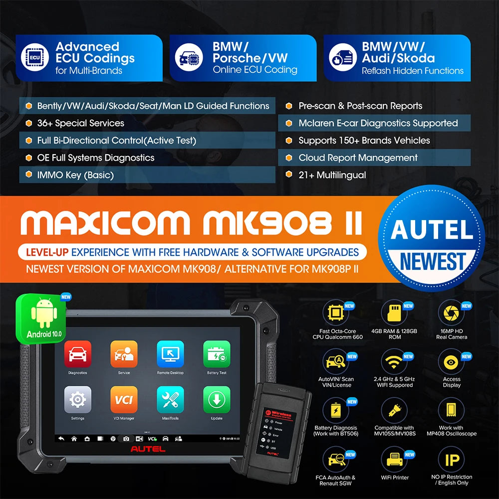 Scanner Maxicom MK908 II Automotive Diagnostic Tool 10.1" Screen 40+Service, Advanced ECU Coding as Elite II Pro MK908PRO2