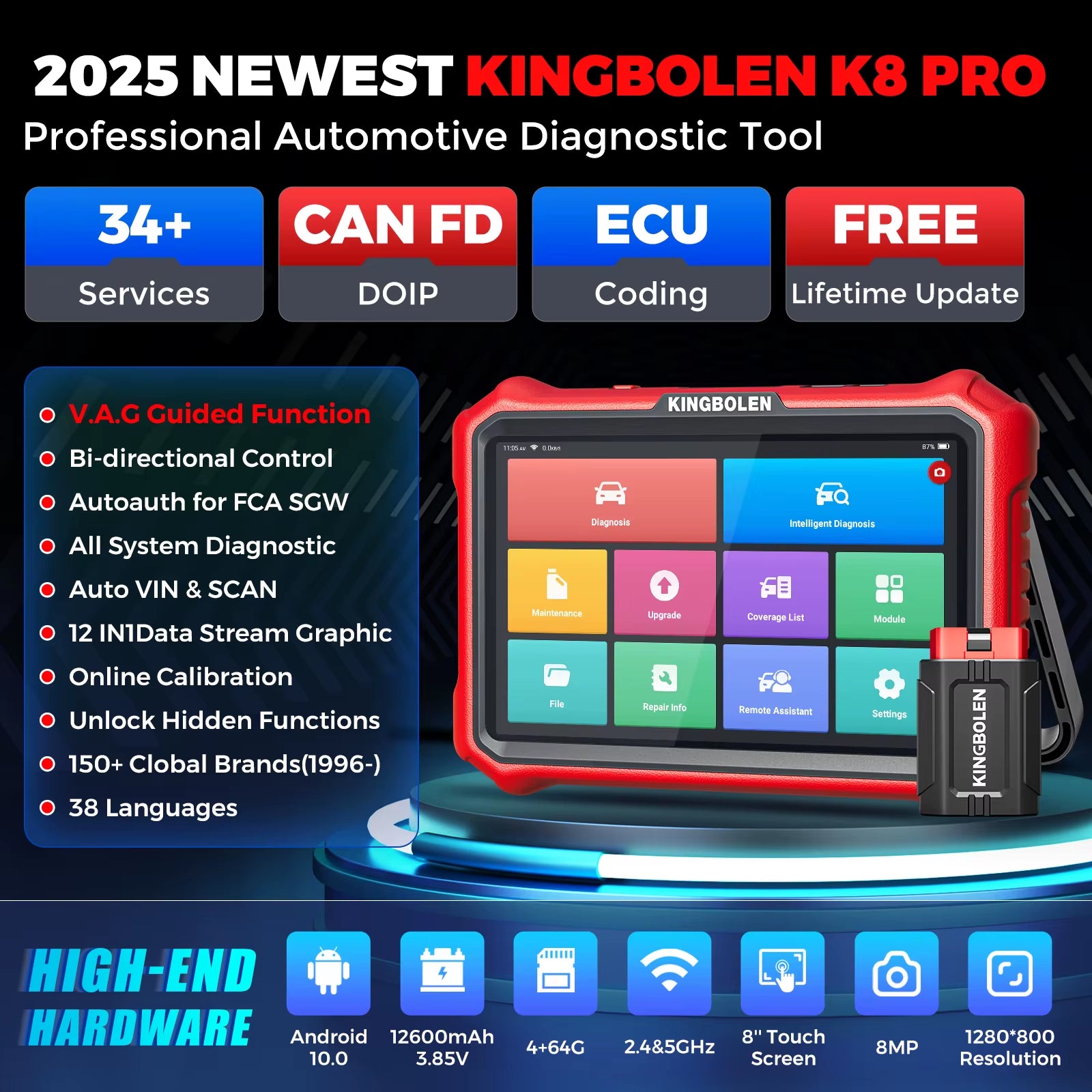 KINGBOLEN K8 PRO Professional Car Diagnostic Tool - Comprehensive OBD2 Scanner with Bi-Directional Control, 28 Reset Functions, ECU Coding, and Free Updates for US and EU Vehicles