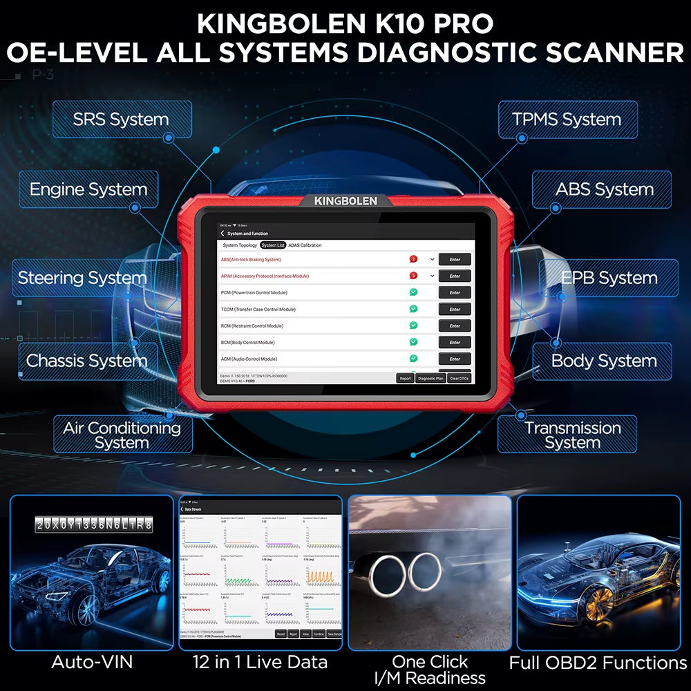 KINGBOLEN K10 PRO 10-Inch Tablet Diagnostic Tool for All Systems - ECU Coding, Active Testing, 34 Reset Functions, 2 Years Free Updates, Available in US and EU Warehouses