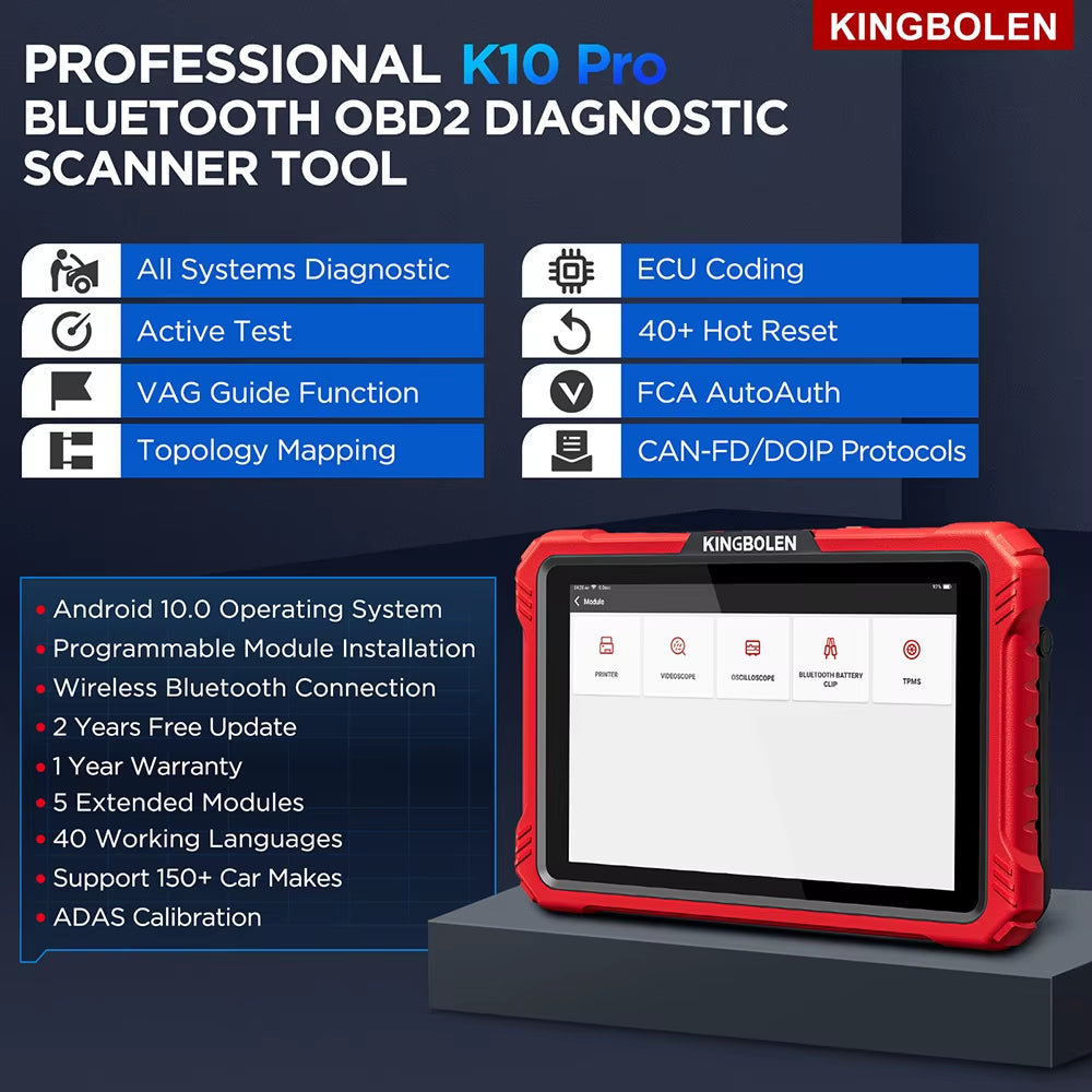 KINGBOLEN K10 PRO 10-Inch Tablet Diagnostic Tool for All Systems - ECU Coding, Active Testing, 34 Reset Functions, 2 Years Free Updates, Available in US and EU Warehouses
