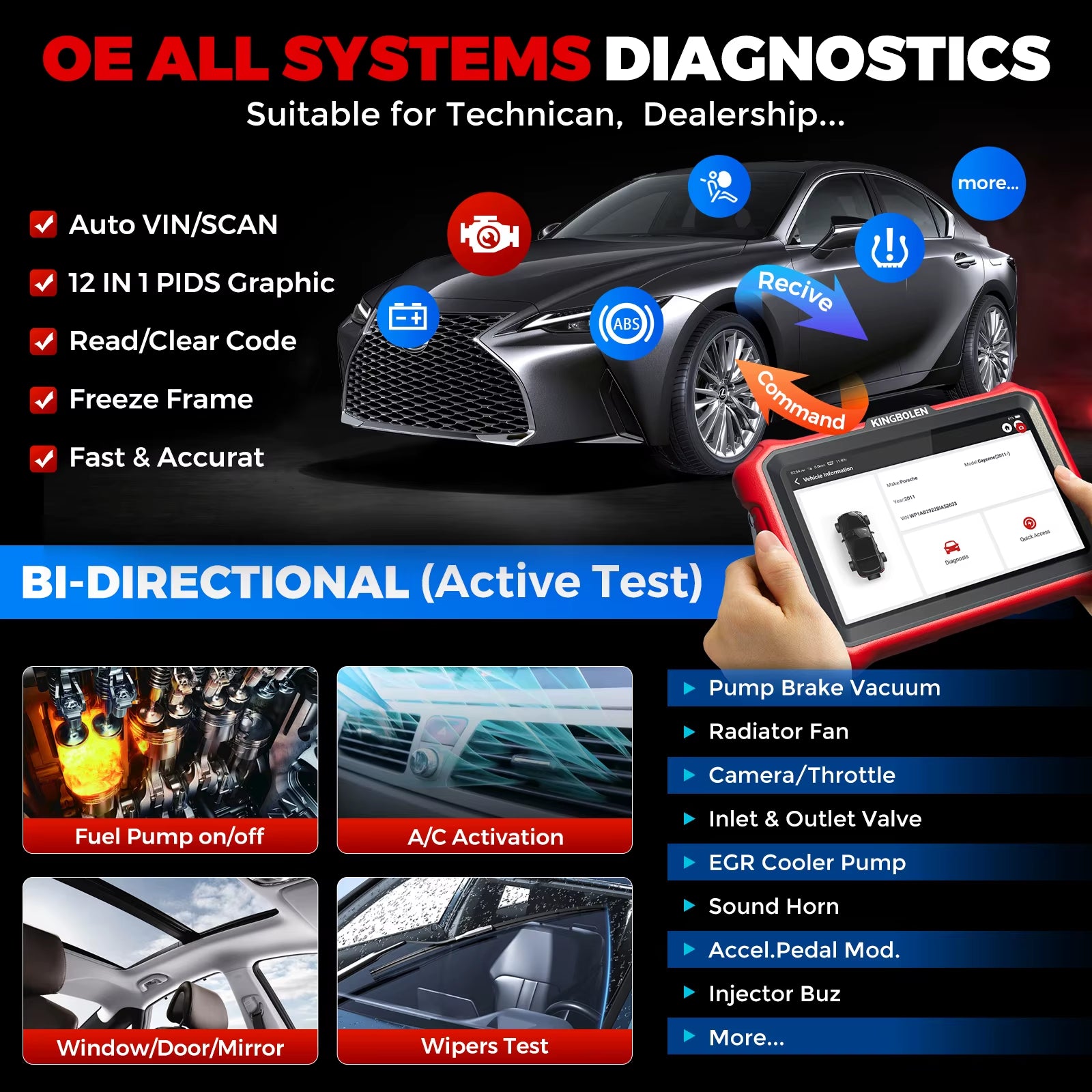 KINGBOLEN K8 PRO Professional Car Diagnostic Tool - Comprehensive OBD2 Scanner with Bi-Directional Control, 28 Reset Functions, ECU Coding, and Free Updates for US and EU Vehicles