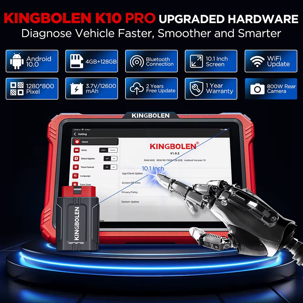 KINGBOLEN K10 PRO 10-Inch Tablet Diagnostic Tool for All Systems - ECU Coding, Active Testing, 34 Reset Functions, 2 Years Free Updates, Available in US and EU Warehouses